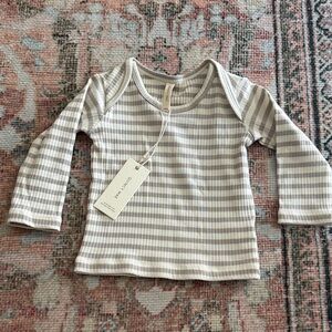 Quincy Mae Ribbed Long-Sleeve Tee in Cream & Gray Stripes
